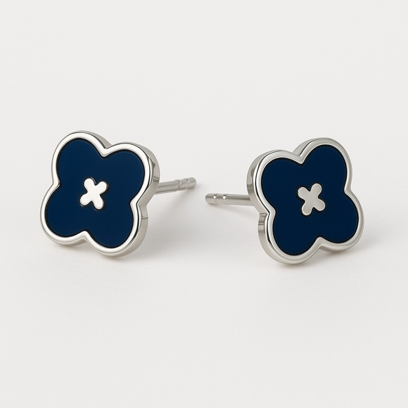 Navy Blue Flower Stud Earrings - Picture 1 of 2